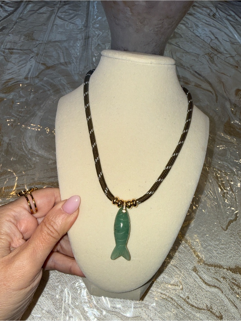 Adina Eden Green jade Fish Pendant on striped green rope with Gold roundel beads